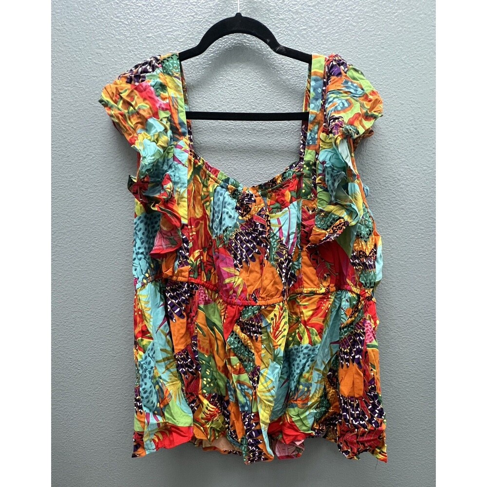 Rachel Zoe Women 2X Multicolored Tropical Floral Print Short Sleeve Boho Top New